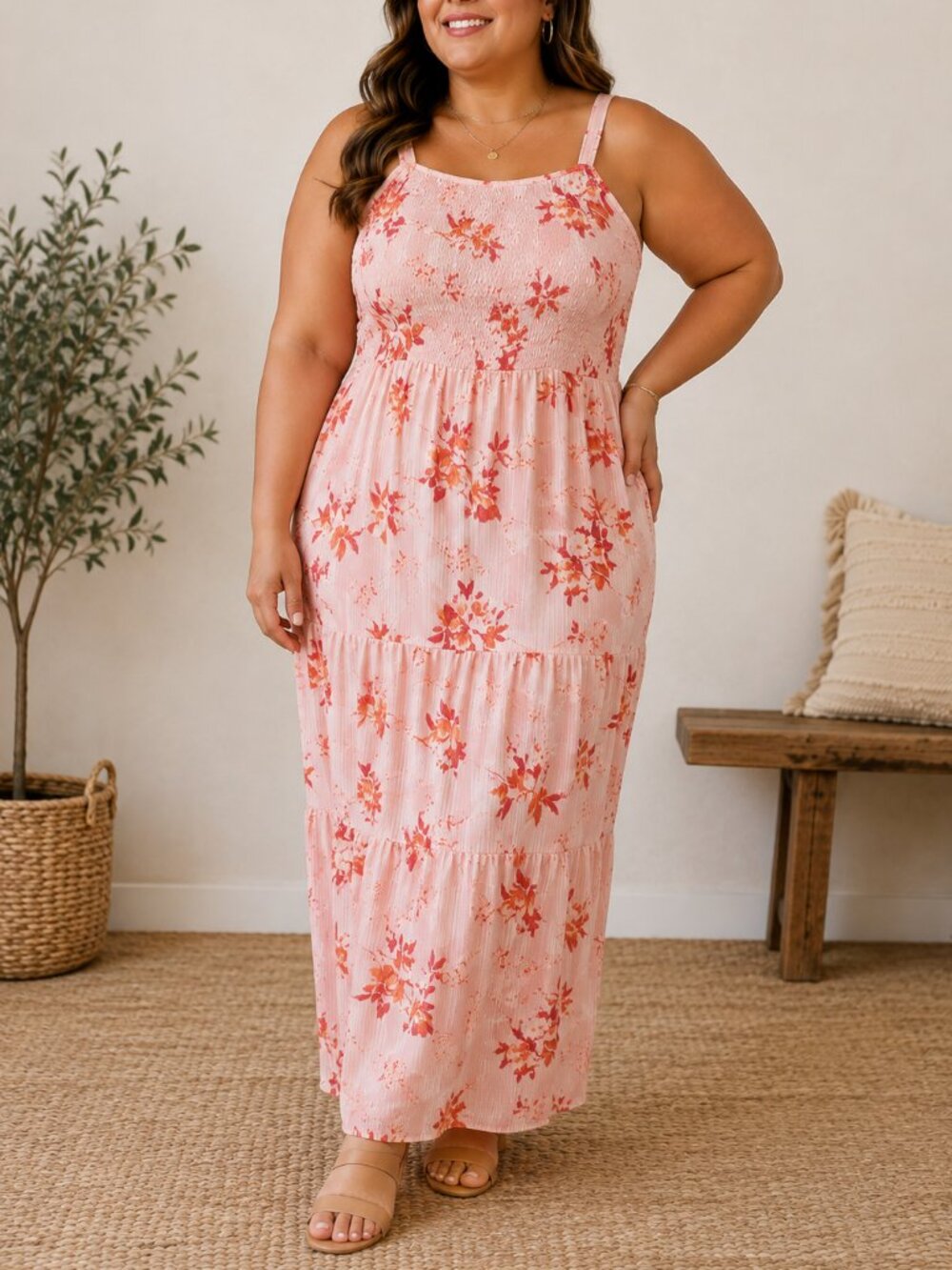 Lane Bryant Pink Smocked Bodice Floral Tiered Maxi Dress Romantic Plus Size 20